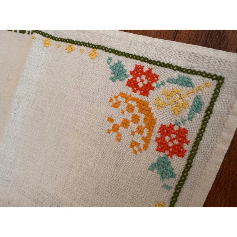 Vintage Hand Embroidered Tea Cloth Cross Stitch Floral Border Off White Square